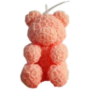 Rózsákkal díszített mackó alakú illatosított dekoratív gyertya, édes datolyaszilva illat, kézzel dolgozott, egyedi design, 143g, természetes szójaviasz, rózsaszínű, Clickzu