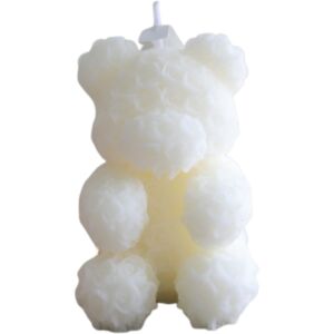 Rózsákkal díszített mackó alakú illatosított dekoratív gyertya, rózsaillat, kézzel dolgozott, egyedi design, 143g, természetes szójaviasz, fehér, Clickzu