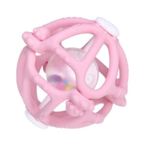 Rágóka és interaktív csörgőlabda levehető kialakítással, ínymasszírozó textúra, élelmiszeripari szilikonból, BPA-mentes, rozsaszín, Clickzu