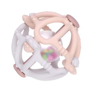 Rágóka és interaktív csörgőlabda levehető kialakítással, ínymasszírozó textúra, élelmiszeripari szilikonból, BPA-mentes, krémszínű, Clickzu