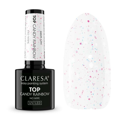 CLARESA Top No Wipe Candy Rainbow 5g, átlátszó körömfelső pasztell konfettivel - Gél lakk