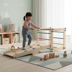 Dievčatko lezie na trojuholníku Pepita 8v1 Montessori Pikler so šmýkačkou. - Vnútorné ihriská