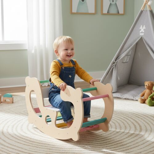 Toddler playing on Pepita Montessori Rainbow Rocker, indoor rocking toy