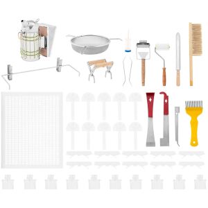 Méhészeti szerszámkészlet: füstölő, vésők, fogókarok, szűrő, csapdák - 37 db.