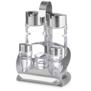 Rozsdamentes acél fűszerkészlet sóval, borssal, olívaolajjal, ecettel és fogpiszkálóval - Hendi 465363 144502548 - Tárolás & Rendszerezés