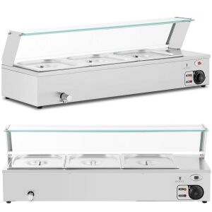 Bain-marie ételmelegítő, melegítő büfé fedővel, 3 x GN 1/2, 2000 W 144642695 - Konyhai eszköz