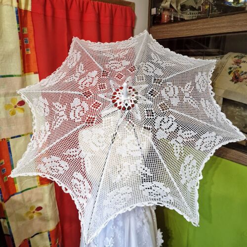 ESKÜVŐ ELE12 - Horgolt fehér színű menyasszonyi csipke napernyő 144672749