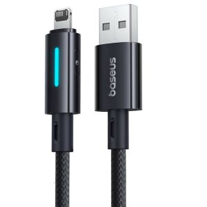 Baseus világító gomb-vezérlésű gyors töltő adatkábel USB-A és iP 2.4A 1m Cosmic Black 144673380 - Baseus