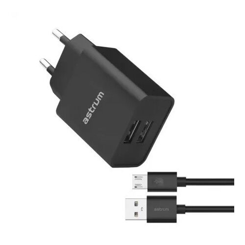 Încărcător de rețea Astrum Pro Dual U24 2X USB, 10W, cu cablu de date micro USB, negru 144680643