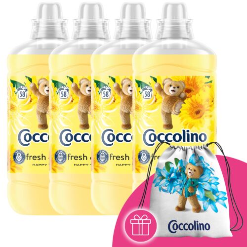 Coccolino Fresh &amp; Soft Happy Yellow Koncentrat do płukania 232 prania 4x1450ml + Plecak Coccolino w prezencie