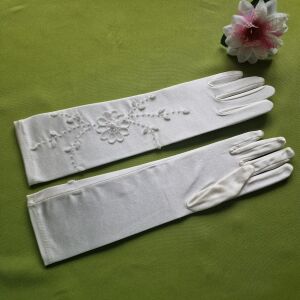 ESKÜVŐ KTY52 - 35cm-es ekrü színű, gyöngyös szatén kesztyű