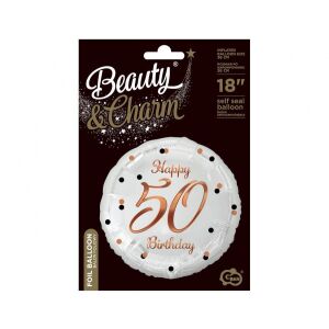 Balon foliowy B&C Happy 50 Birthday biały, nadruk różowo-złoty 18 Godan 144724345 - Rekwizyty imprezowe