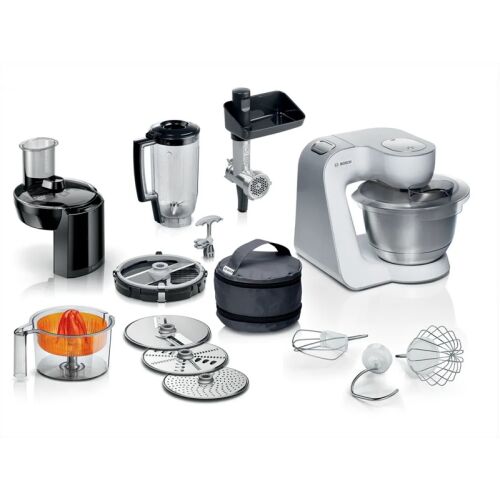 Bosch MUM58251 Series 4 Kitchen Machine with accessories: juicer, blender, meat grinder, shredder, citrus press, and beaters