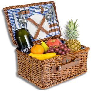 Kosz wiklinowy piknikowy 4osób zestaw sztućce prezent na romantyczny wyjazd 144787795 - Piknik kosár