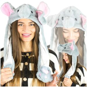 Czapka ruchome uszy szary srebrny słoń machająca zimowa polarowa łapki