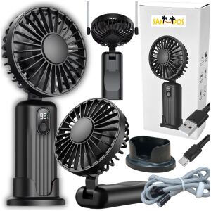 Wiatraczek mini wiatrak wentylator przenośny podstawka ręczny czarny mat