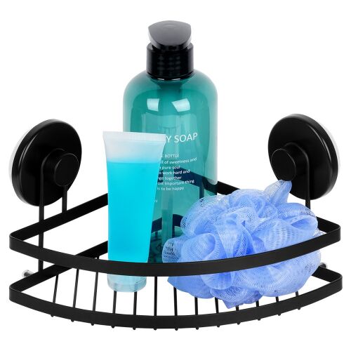 Fekete fém zuhanypolc tapadókorongokkal, sarok 24x18x12,5 cm 144810484