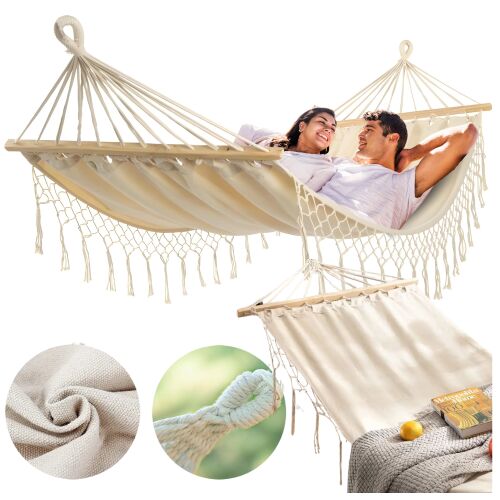 Hamak ogrodowy boho makramowy drążek pałąk jednoosobowy pokrowiec beżowy 144814378