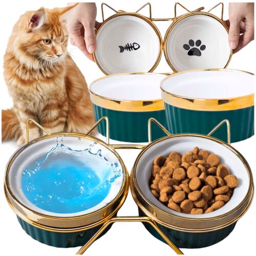 Zestaw 2x300ml miska dla kota psa podwójna na stojaku ceramiczna złota uszy PetJet 144815015