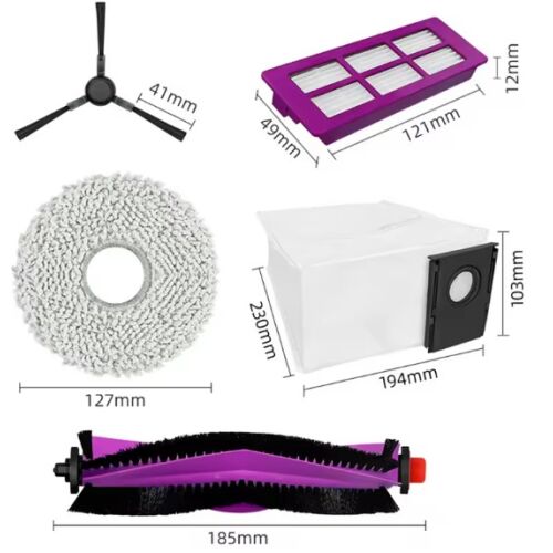 Midea V15 alkatrészkészlet: 1x oldalkefe, 2x felmosó párna, 1x görgős kefe, 1x szűrő, 1x porzsák