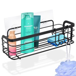 Fekete fém zuhanypolc, ragasztott, 29,5x10,5x8 cm