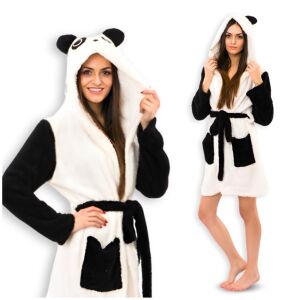Szlafrok panda ciepły damski z kapturem wiązany biały czarny przed kolana s 144838060 - Női köntös