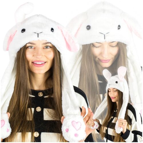 Puchata biała polarowa owieczka czapka ruchome uszy machająca zimowa łapki