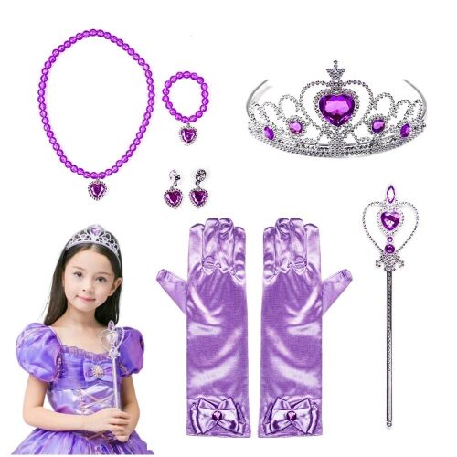 Lila karneváli jelmez szett, kesztyű, karkötő, jégkirályság tiara