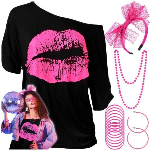 Strój przebranie cosplay koszulka retro dorosłych lata 80 disco + biżuteria 144849285