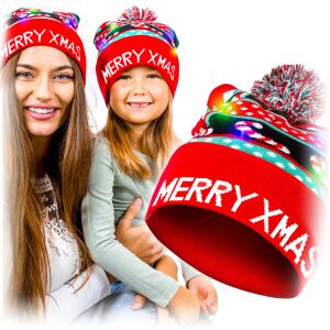 Ciepła czapka świąteczna led damska męska zimowa pomponem świecąca czerwona 144850575 - Karácsony