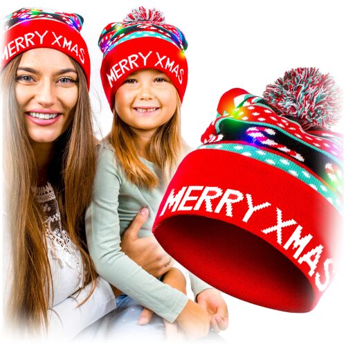 Ciepła czapka świąteczna led damska męska zimowa pomponem świecąca czerwona