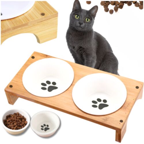 Miska dla kota psa podwójna zestaw bambus miseczki ceramiczne białe komplet PetJet 144857512