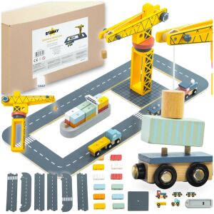 Drewniany dźwig zabawka żuraw dla dzieci port morski statek kontenery