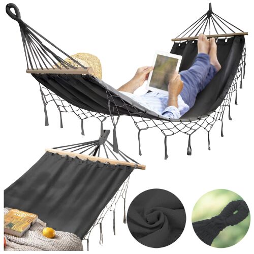 Hamak ogrodowy boho makramowy drążek pałąk jednoosobowy pokrowiec grafit 144869500