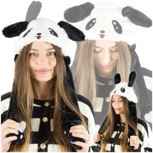 Panda polarowa pluszowa czapka z ruchomymi uszami piesek biało czarny macha