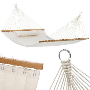 Hamak ogrodowy z poduszką pikowany dwuosobowy beżowy poprzeczka huśtawka