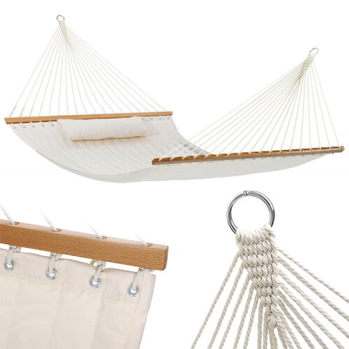 Hamak ogrodowy z poduszką pikowany dwuosobowy beżowy poprzeczka huśtawka 144880418