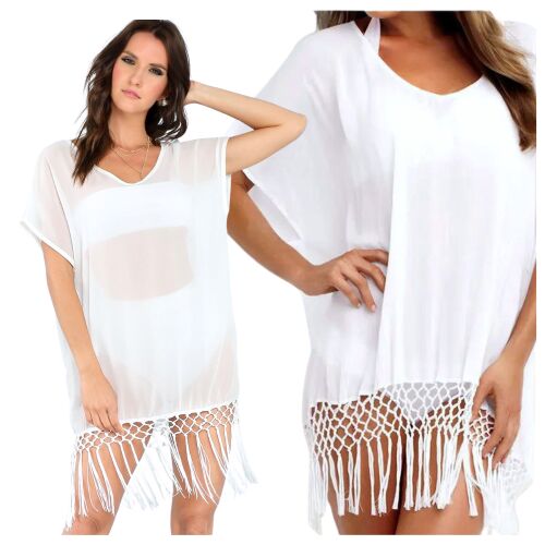 Kimono sukienka narzutka tunika pareo letnia na plażę biała boho z koronką 144893236