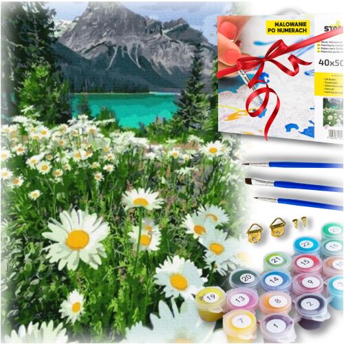 Obrazy ręcznie malowane malowanie po numerach zestaw jezioro góry kwiaty 144895266