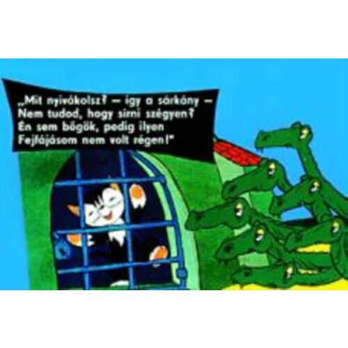 Sicc Meseországban diafilm illusztráció, egy macska ketrecben és sárkányok - Diafilm