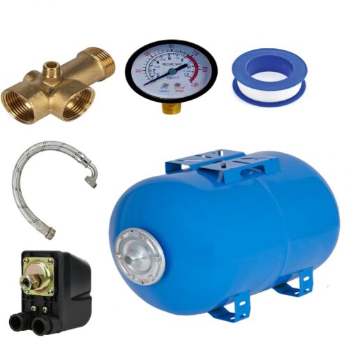 Wasserpumpen-Zubehörset, 50-l-Ausdehnungsgefäß aus Stahl, Druckschalter, Manometer, 5-Wege-Bronzeanschluss, Edelstahl-Anschlussschlauch mit 60-cm-Krümmer