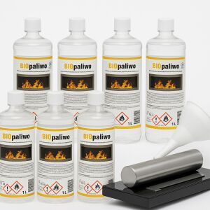 Sada 7 fliaš bioetanolu po 1 litri, 1 liter sa spotrebuje za 3-5 hodín, bez zápachu, bezfarebný, nezanecháva popol + ČIERNA voľne stojaca malá stolová, dekoratívna biokrbová doska a lievik na sypanie biopaliva do krbu 144990078 - Krb a kachle