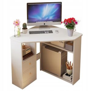 Birou triunghiular pentru computer cu rafturi, alb modern, 80x75 cm 145009600 - Birouri pentru calculator.