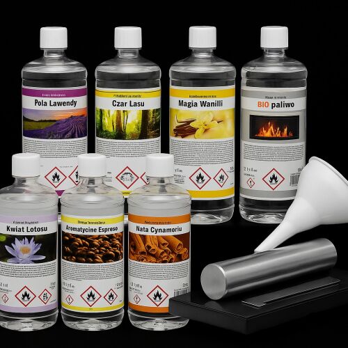 Set bioetanola od 7 litara za biokamin sa 6 različitih aroma: 6x1L mirisnog + 1L neutralnog, 1 litra gori do 5 sati, visoka kvaliteta, arome: espresso, lavanda, vanilija, cimet, šuma, lotos + 1 x CRNI stolni biokamin + Lijevak za ulijevanje biogoriva 145010594