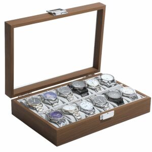 Elegáns fa doboz 12 óra tárolására és rendszerezésére, Pufo Gentleman modell, barna 145011103 - Óraforgató & óratartó doboz