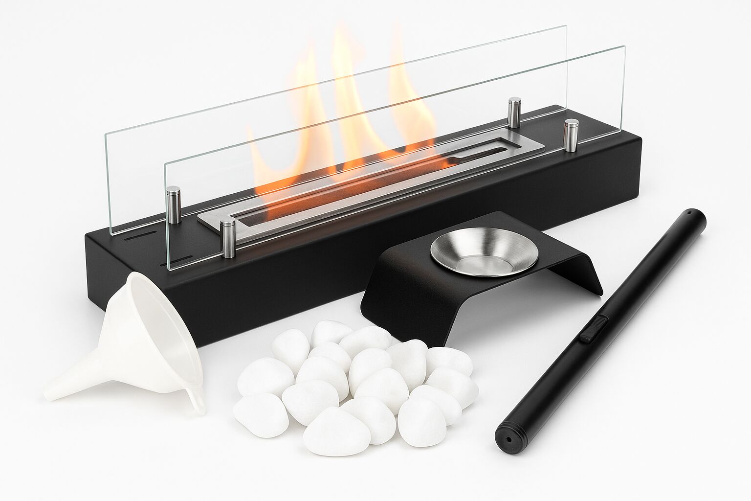 Bioetanolový krb INSERT 700, s tepelne odolným sklom, 700 x 144 x 167 mm, vyrobený z nehrdzavejúcej ocele, s 21 cm čiernym zapaľovačom, dekoratívnymi bielymi kamienkami, súčasťou balenia je aromaterapeutická nádoba a lievik, stolový krb, dekoratívny a funkčný, do interiéru aj exteriéru, nádrž s objemom 0,75 litra