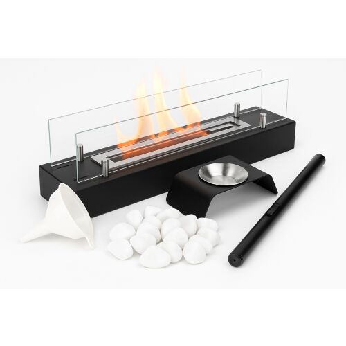 Bioetanol kamin INSERT 700, s toplinski otpornim staklom, 700 x 144 x 167 mm, izrađen od nehrđajućeg čelika, s crnim upaljačem od 21 cm, ukrasnim bijelim kamenčićima, uključenom posudom za aromaterapiju i lijevkom, stolni kamin, dekorativni i funkcionalni, za unutarnju i vanjsku upotrebu, spremnik od 0,75 litara 145012611
