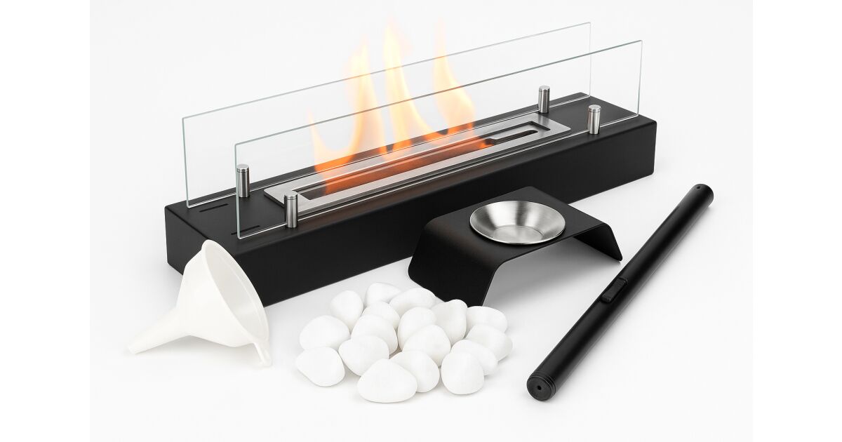 Semineu cu bioetanol INSERT 700, Freestanding, cu sticla termorezistenta, 700 x 144 x 167 mm, din otel inoxidabil, cu bricheta de 21 cm neagra, pietricele albe decorative, recipient aromaterapie si palnie incluse, semineu de masa, decorativ si functional, de interior si exterior, rezervor de 0,75 litri 145012600