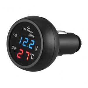 Techstar USB-s autós töltő, voltmérővel és LCD digitális hőmérővel, szivargyújtó csatlakozás 12 / 24V, fekete 145012749 - Autós töltő