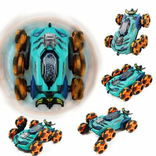 Kollázs egy hatkerekű, póklábú távirányítós kaszkadőrautóról különböző szögekből.